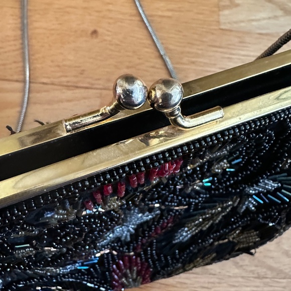 Black Beaded Evening Bag Multi Color Beads Long Chain Strap - Picture 10 of 16